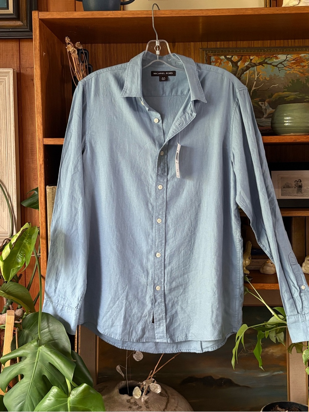 Minimalist Oversize Baby Blue Michael Kors Linen Blend Button Down NWT S